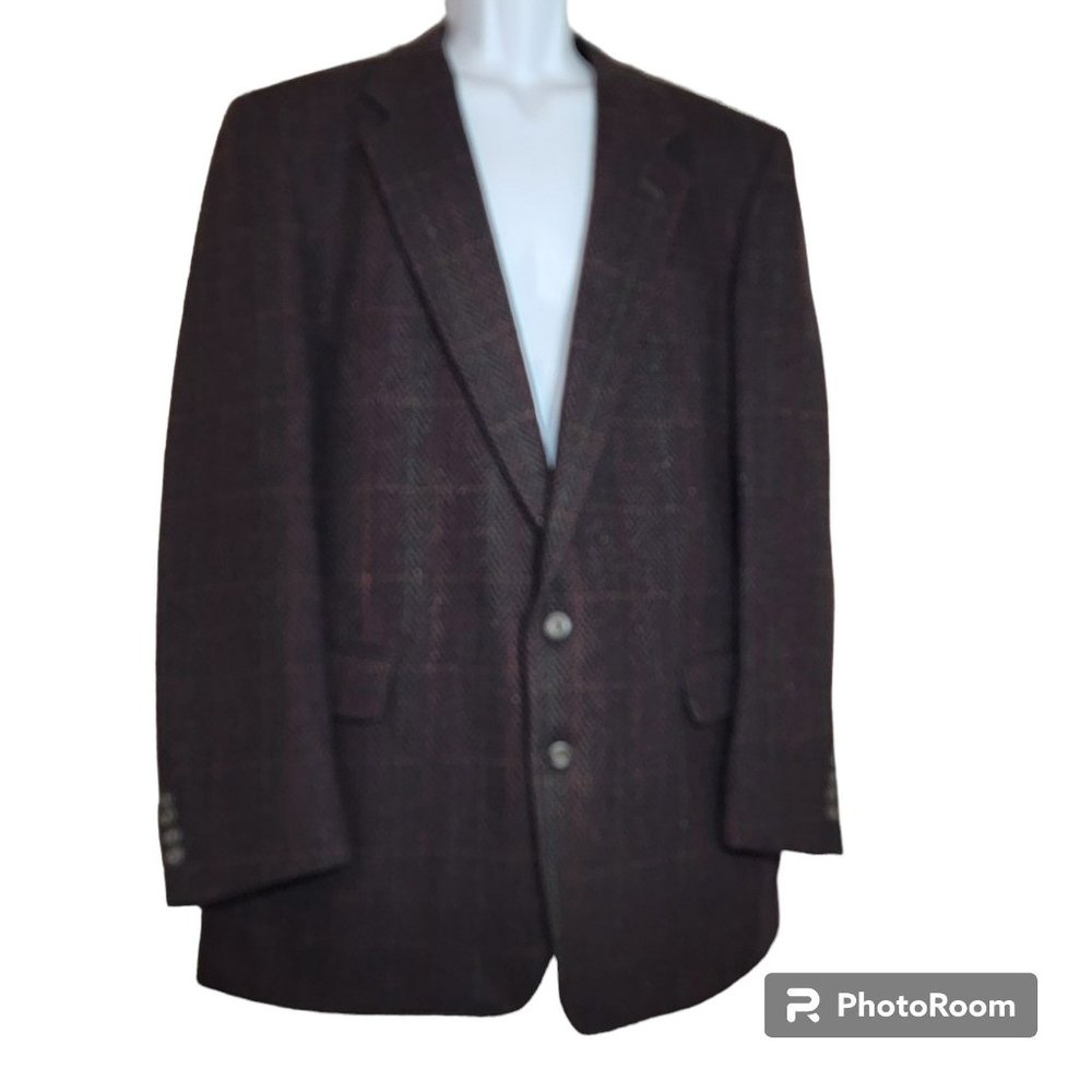 Oakton LTD Vintage Jacket, Men 46/L, Brown w/Red Check Stitching, 100% Wool, EUC